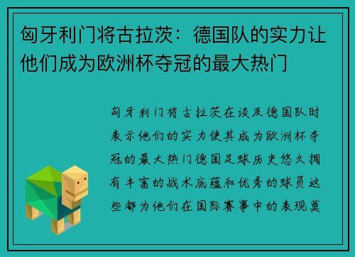 匈牙利门将古拉茨：德国队的实力让他们成为欧洲杯夺冠的最大热门