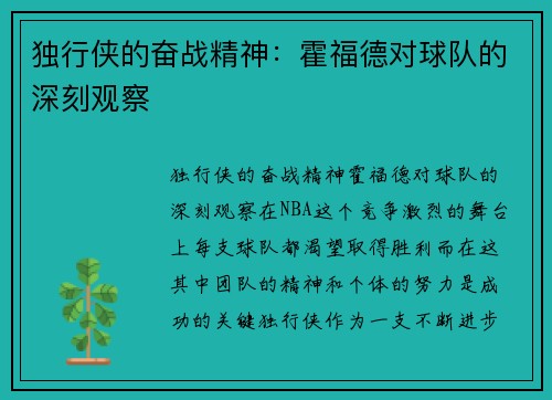 独行侠的奋战精神：霍福德对球队的深刻观察