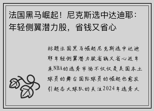 法国黑马崛起！尼克斯选中达迪耶：年轻侧翼潜力股，省钱又省心