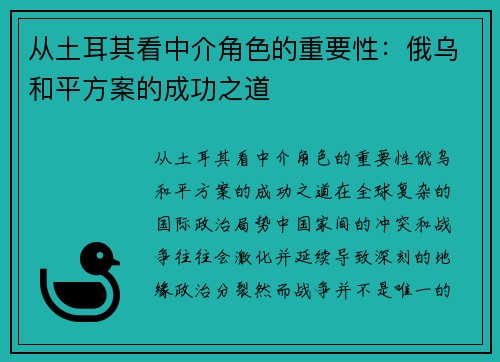 从土耳其看中介角色的重要性：俄乌和平方案的成功之道