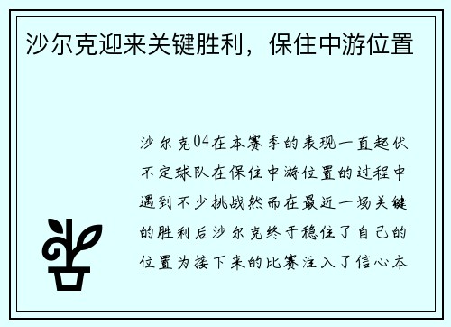 沙尔克迎来关键胜利，保住中游位置