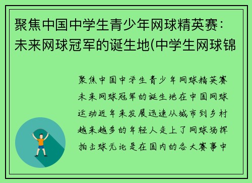 聚焦中国中学生青少年网球精英赛：未来网球冠军的诞生地(中学生网球锦标赛)