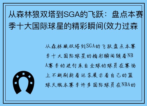 从森林狼双塔到SGA的飞跃：盘点本赛季十大国际球星的精彩瞬间(效力过森林狼的球星)