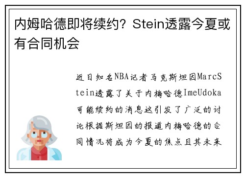 内姆哈德即将续约？Stein透露今夏或有合同机会